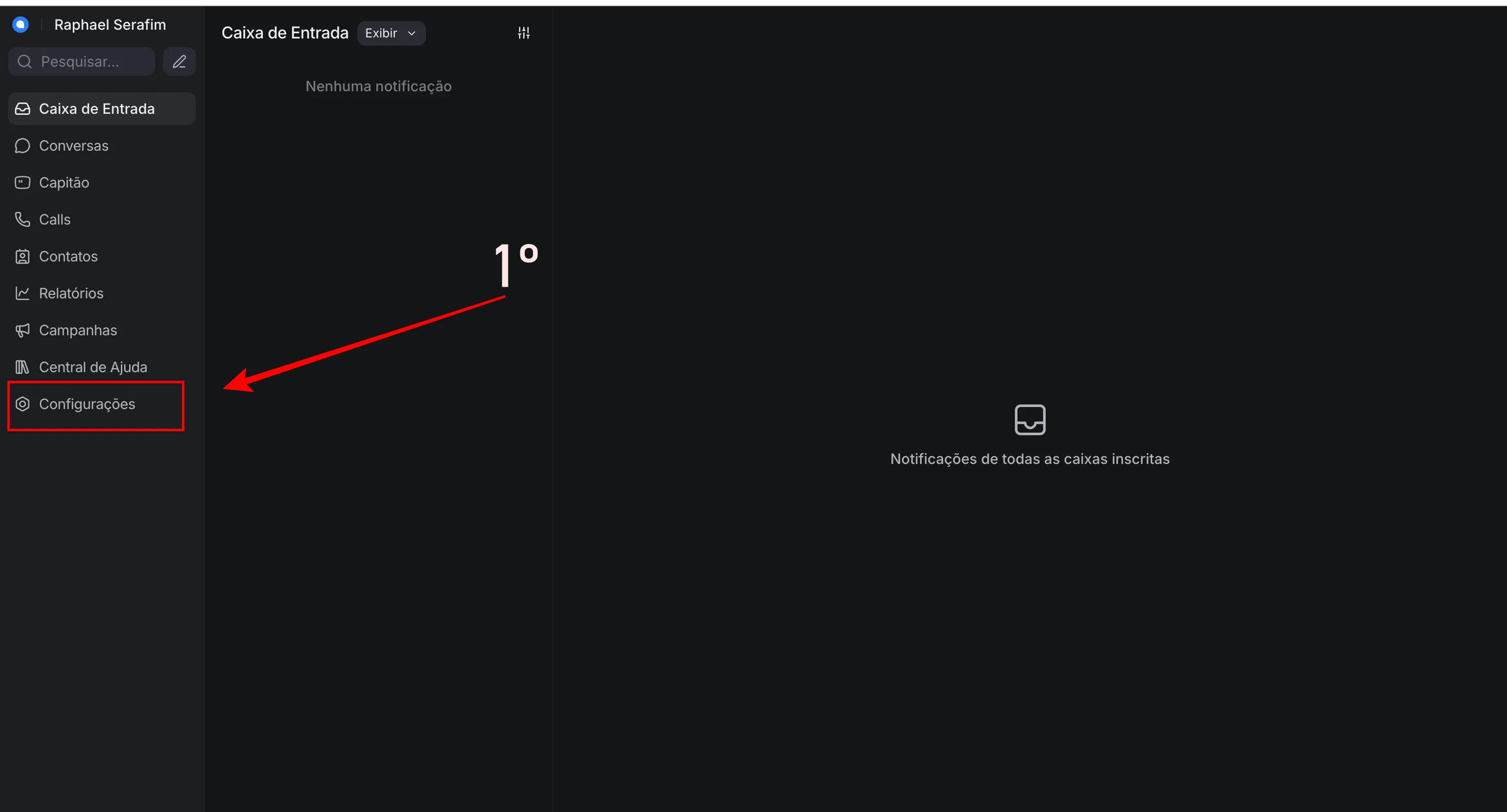 Menu Configurações no Chatwoot