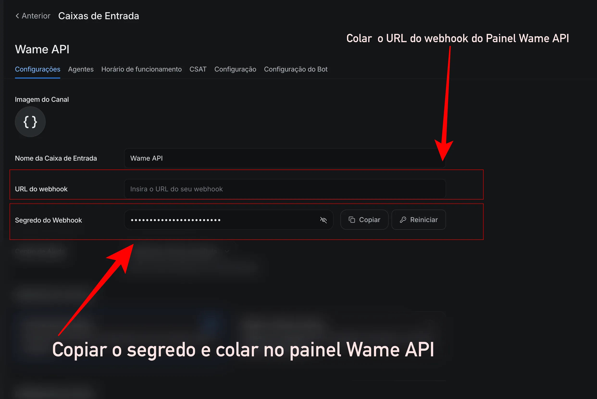 Configurações da inbox — URL do webhook e Segredo do Webhook